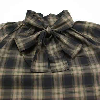 ボウタイ チェック ブラウス / プルオーバー 長袖 ハイネック リボン タック ギャザー コットン