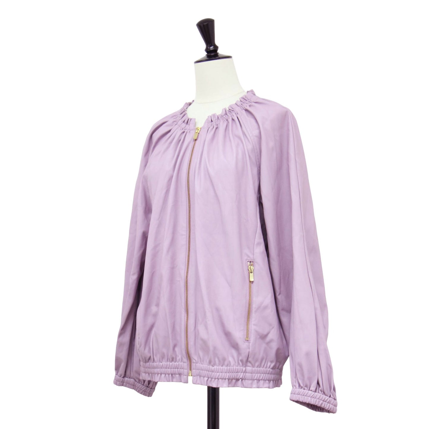 フェイクレザー ギャザー ブルゾン / ジャケット 長袖 ラグランスリーブ フリル