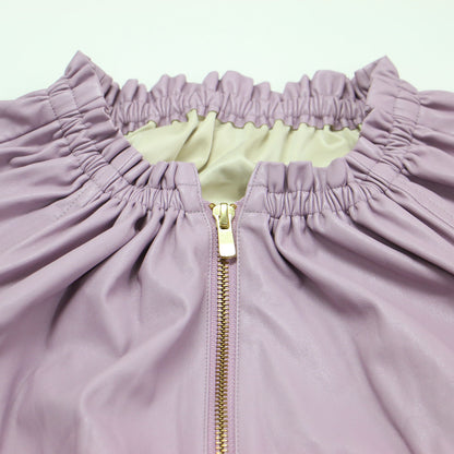 フェイクレザー ギャザー ブルゾン / ジャケット 長袖 ラグランスリーブ フリル