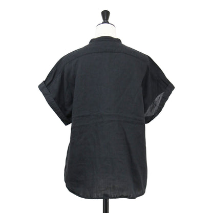 リネン ラミー シルク フレンチスリーブ ブラウス / 半袖 ロールアップ バンドカラー