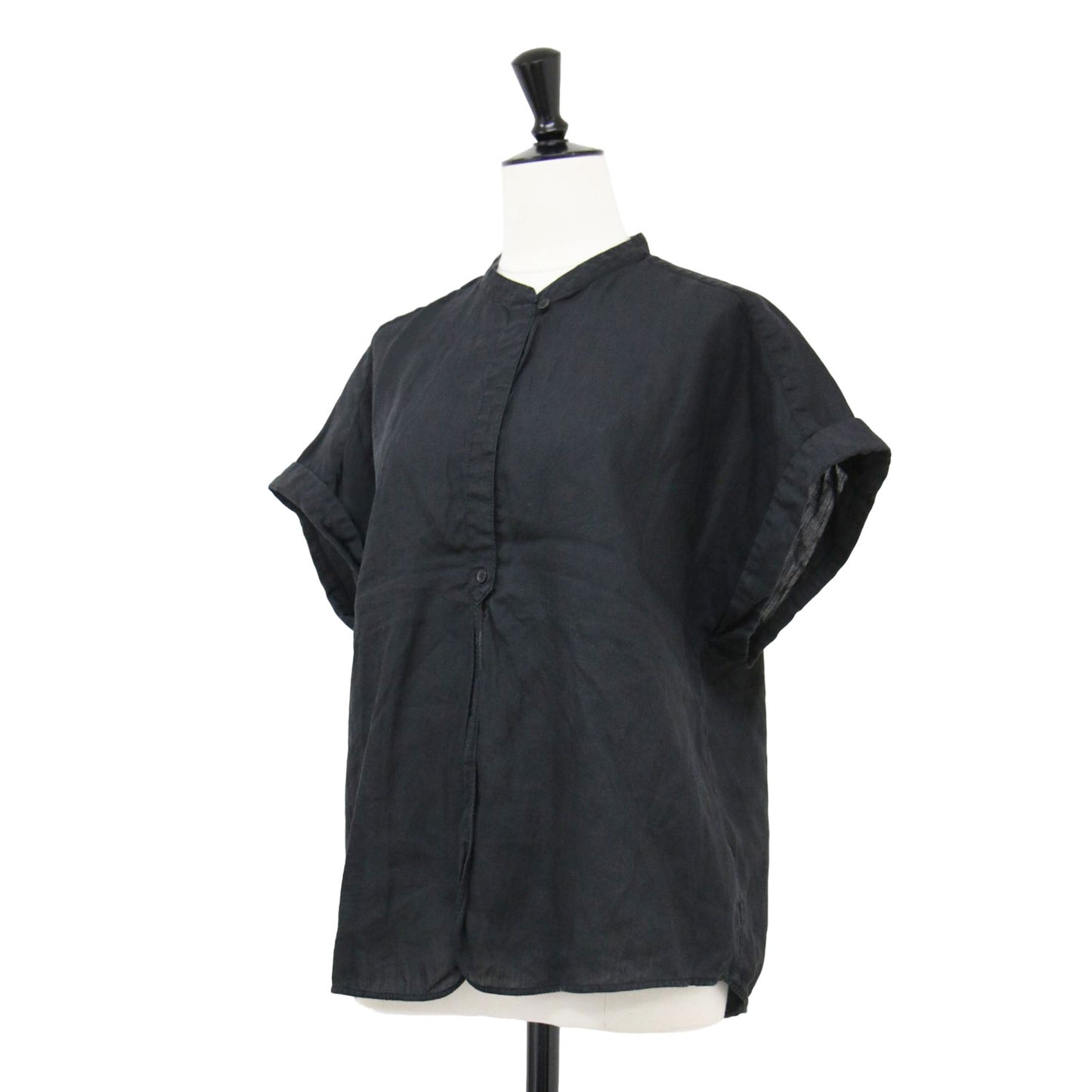 リネン ラミー シルク フレンチスリーブ ブラウス / 半袖 ロールアップ バンドカラー