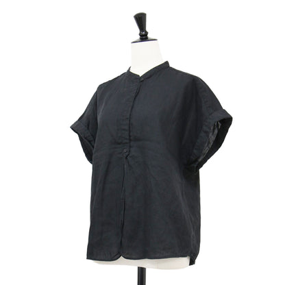 リネン ラミー シルク フレンチスリーブ ブラウス / 半袖 ロールアップ バンドカラー