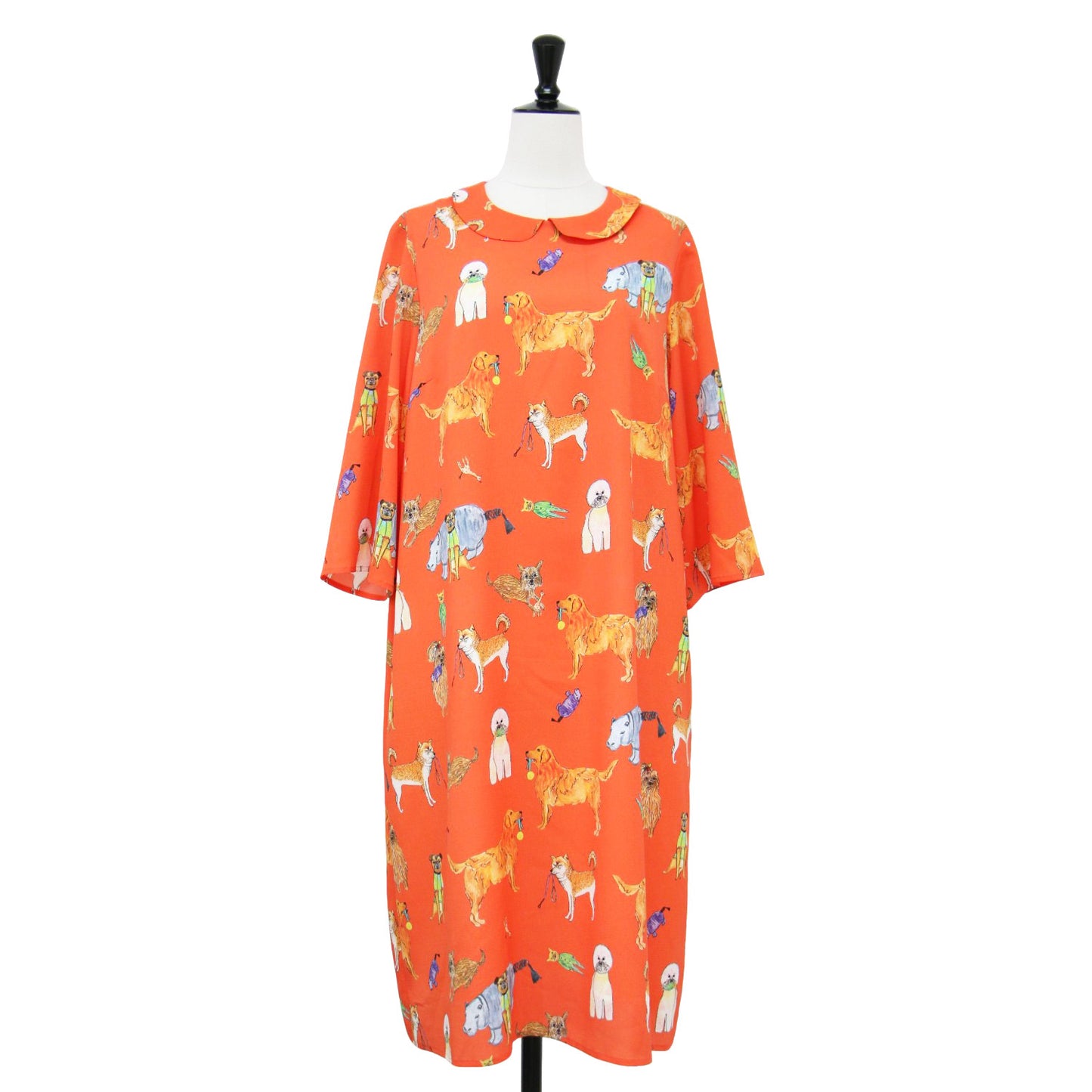 総柄 丸襟 ワンピース / 長袖 ミディ丈 プリント ストレッチ