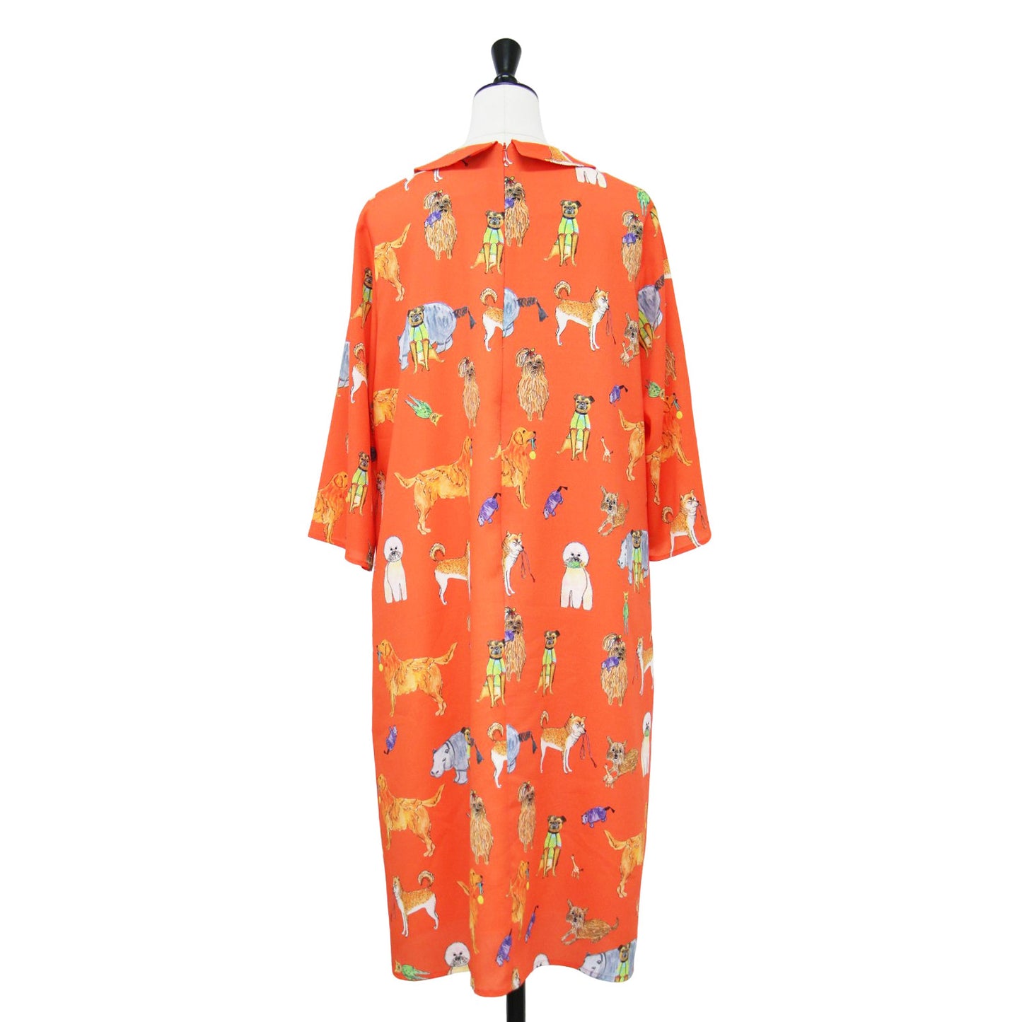 総柄 丸襟 ワンピース / 長袖 ミディ丈 プリント ストレッチ