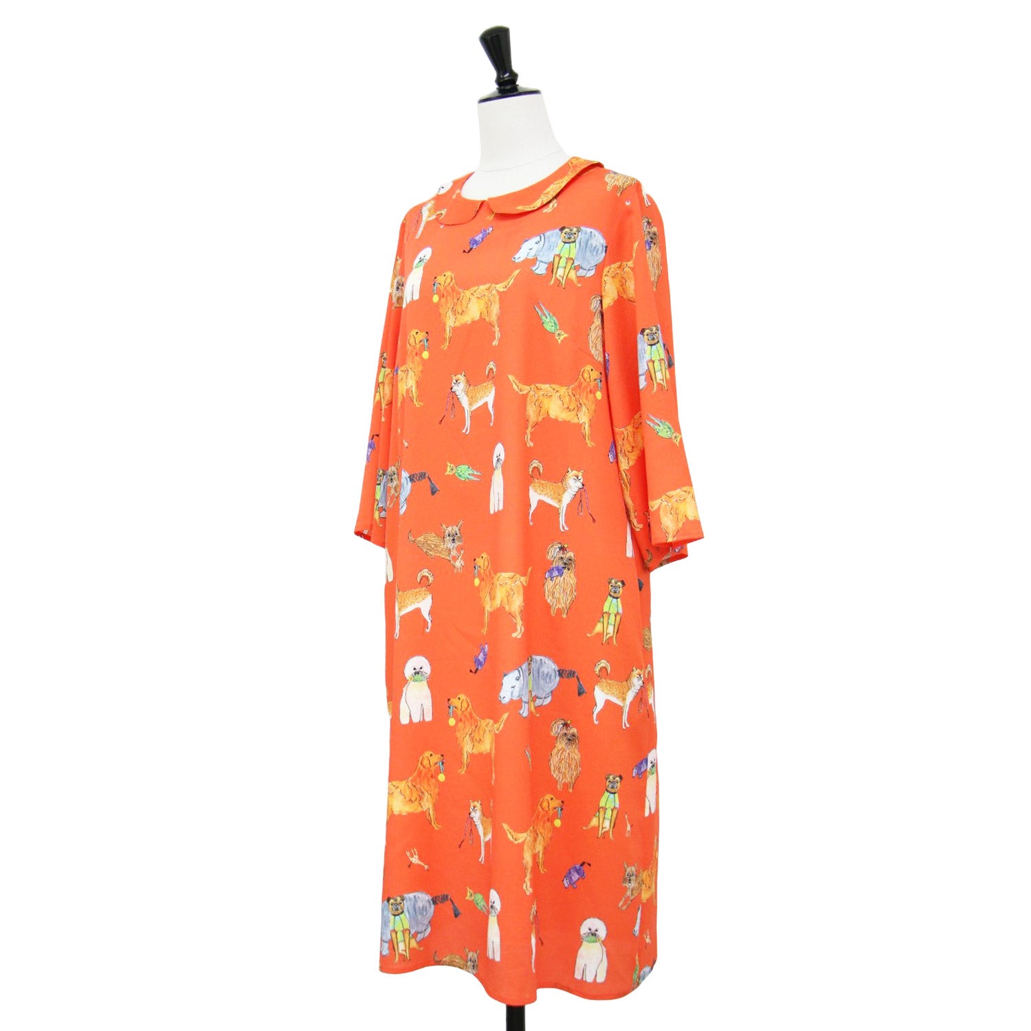 mannine (マンナイン) 総柄 丸襟 ワンピース / 長袖 ミディ丈 プリント