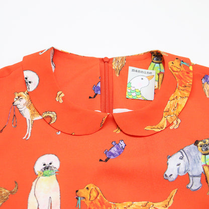 総柄 丸襟 ワンピース / 長袖 ミディ丈 プリント ストレッチ