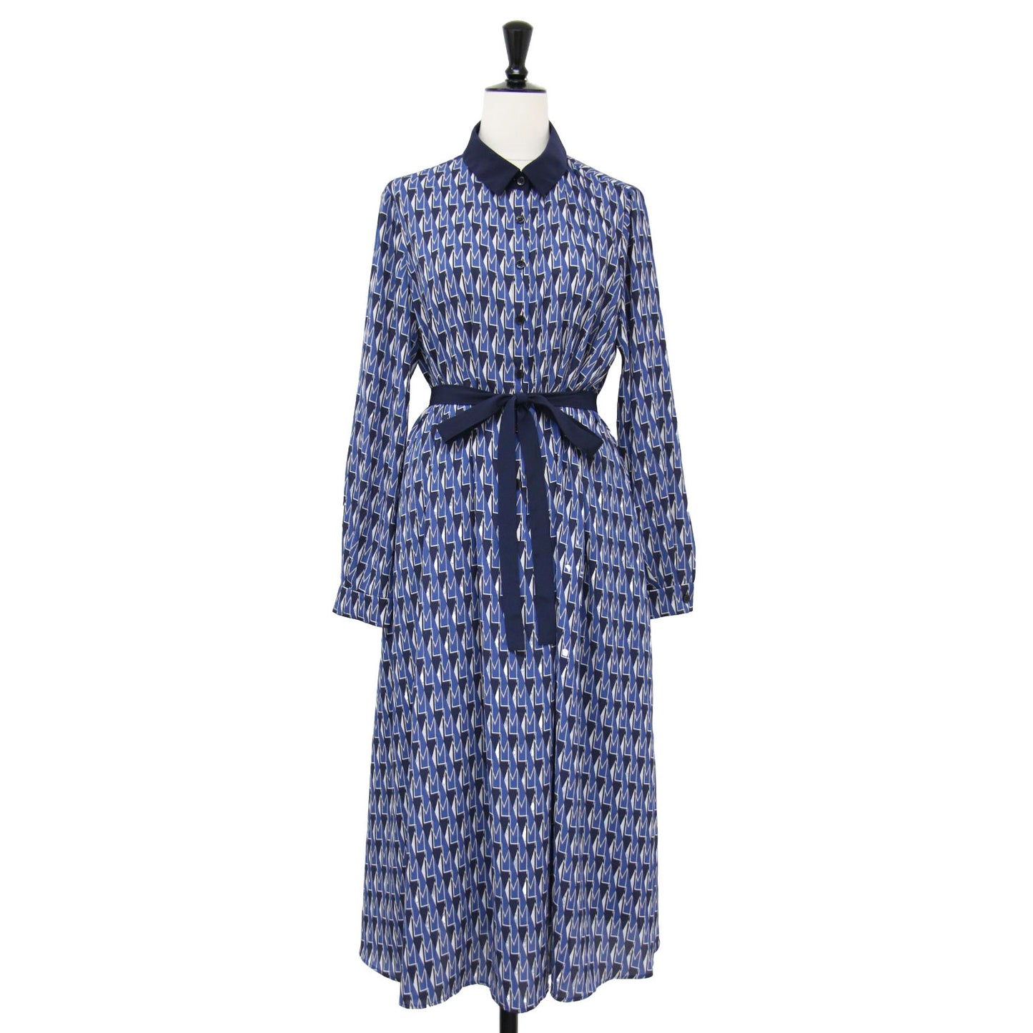 24秋冬 Mダイヤモン ドシェイプ パターン プリント ワンピース / ドレス 長袖 ミディ丈 ボウタイ リボン フレア タック 総柄