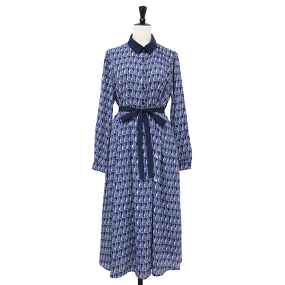 24秋冬 Mダイヤモン ドシェイプ パターン プリント ワンピース / ドレス 長袖 ミディ丈 ボウタイ リボン フレア タック 総柄