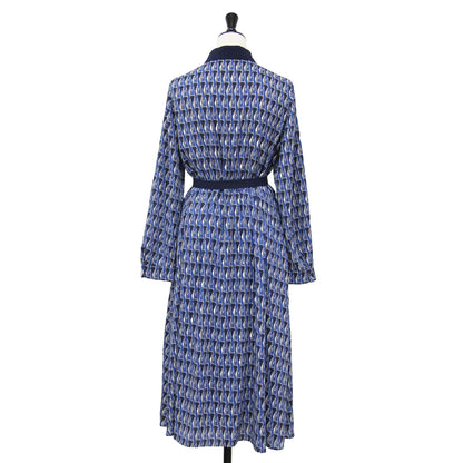 24秋冬 Mダイヤモン ドシェイプ パターン プリント ワンピース / ドレス 長袖 ミディ丈 ボウタイ リボン フレア タック 総柄