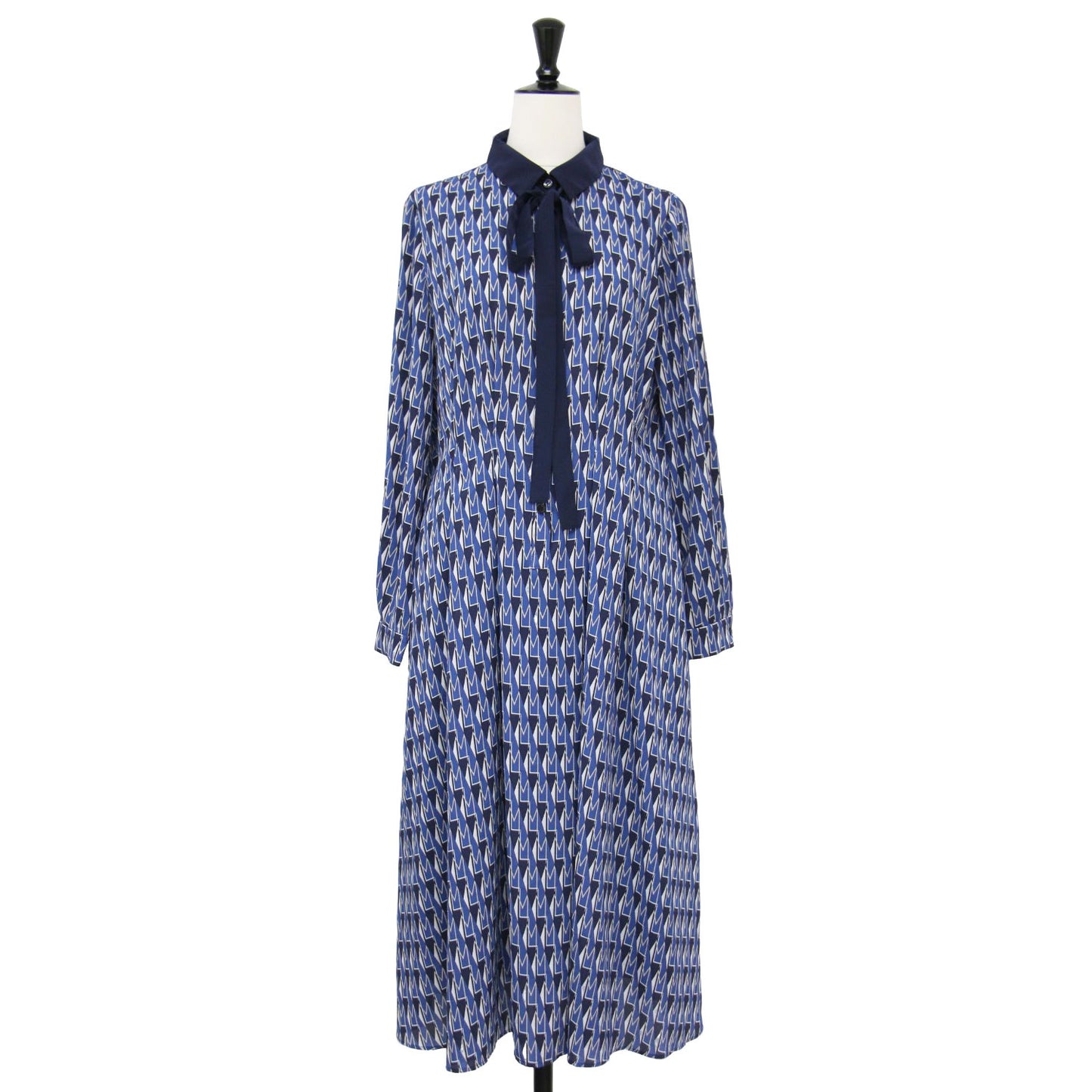 24秋冬 Mダイヤモン ドシェイプ パターン プリント ワンピース / ドレス 長袖 ミディ丈 ボウタイ リボン フレア タック 総柄