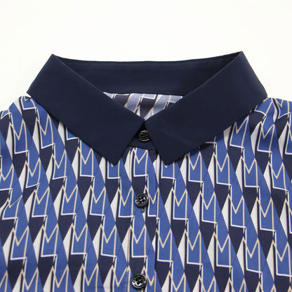 24秋冬 Mダイヤモン ドシェイプ パターン プリント ワンピース / ドレス 長袖 ミディ丈 ボウタイ リボン フレア タック 総柄