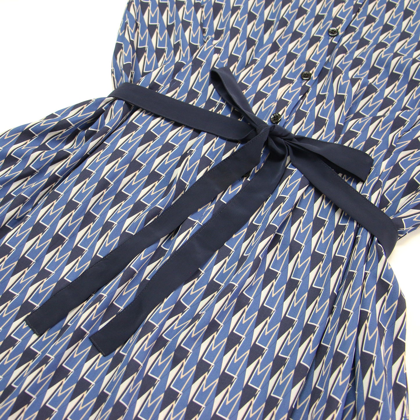 24秋冬 Mダイヤモン ドシェイプ パターン プリント ワンピース / ドレス 長袖 ミディ丈 ボウタイ リボン フレア タック 総柄