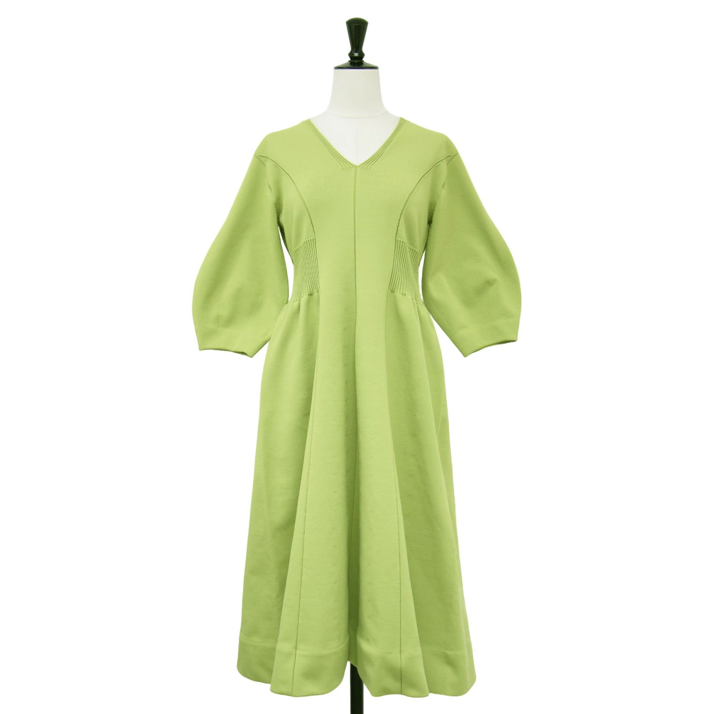 Vネック ハーフスリーブ ニット ワンピース / ミモレ丈 パフスリーブ フレア