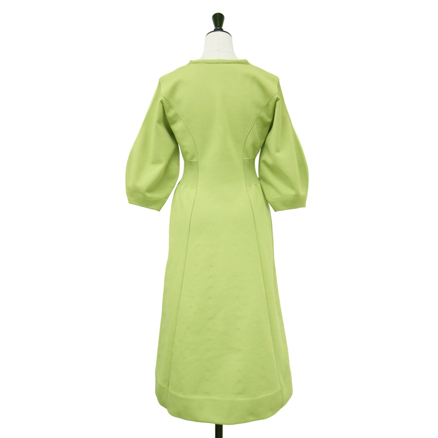 Vネック ハーフスリーブ ニット ワンピース / ミモレ丈 パフスリーブ フレア