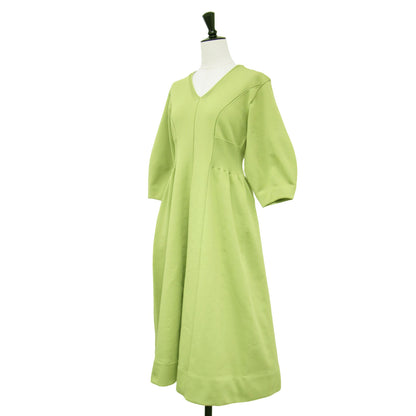 Vネック ハーフスリーブ ニット ワンピース / ミモレ丈 パフスリーブ フレア