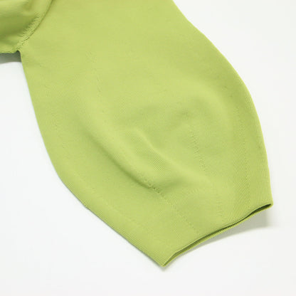 Vネック ハーフスリーブ ニット ワンピース / ミモレ丈 パフスリーブ フレア