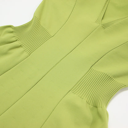 Vネック ハーフスリーブ ニット ワンピース / ミモレ丈 パフスリーブ フレア