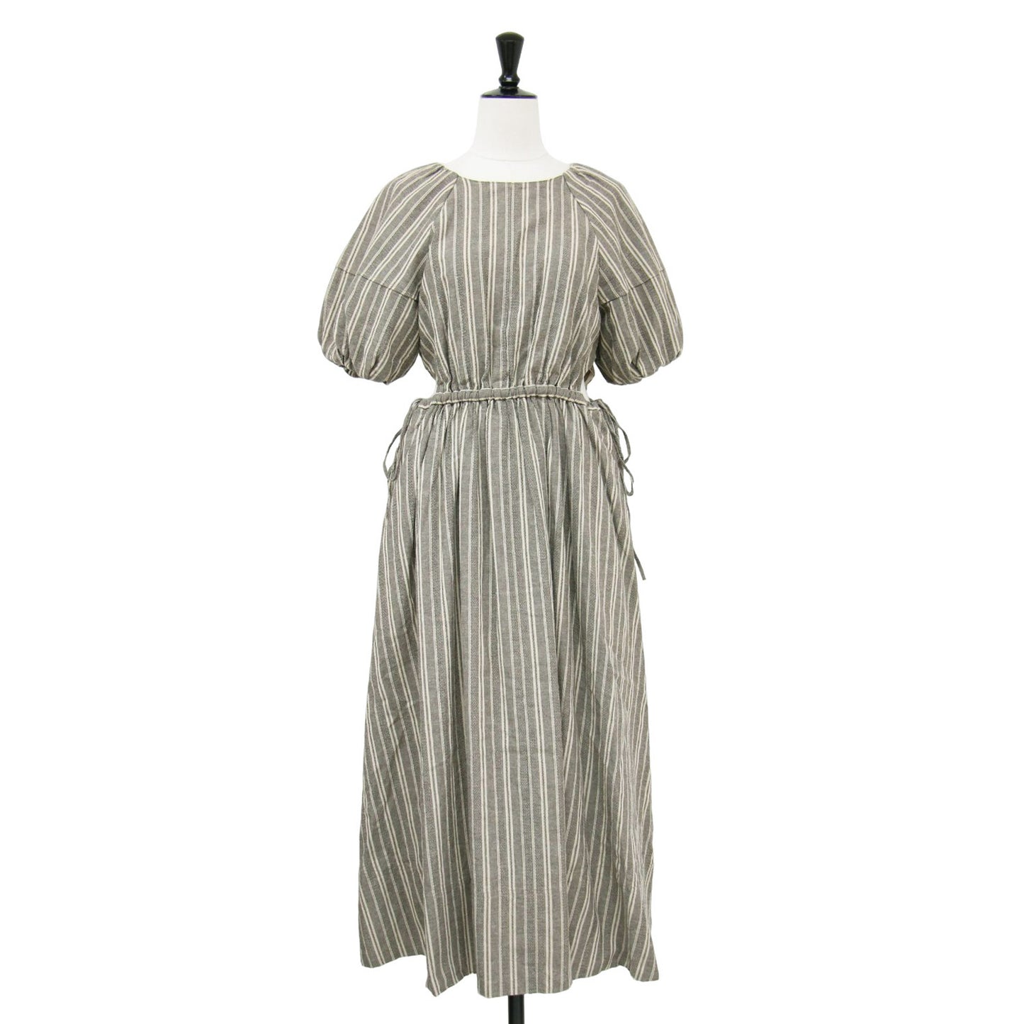 サイドオープン ストライプ ドロスト ワンピース / ロング丈 半袖 パフスリーブ