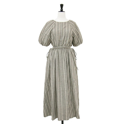 サイドオープン ストライプ ドロスト ワンピース / ロング丈 半袖 パフスリーブ