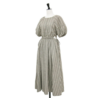 サイドオープン ストライプ ドロスト ワンピース / ロング丈 半袖 パフスリーブ