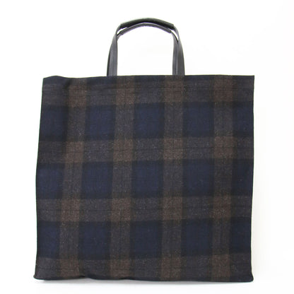 ウール チェック トートバッグ RAX05-01 / ハンドバッグ スクエア ロゴ 刺繍 牛革