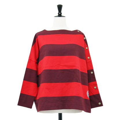 袖釦 ボーダー カットソー / Tシャツ 長袖 ボートネック ワイドシルエット コットン