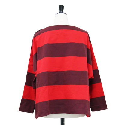 袖釦 ボーダー カットソー / Tシャツ 長袖 ボートネック ワイドシルエット コットン