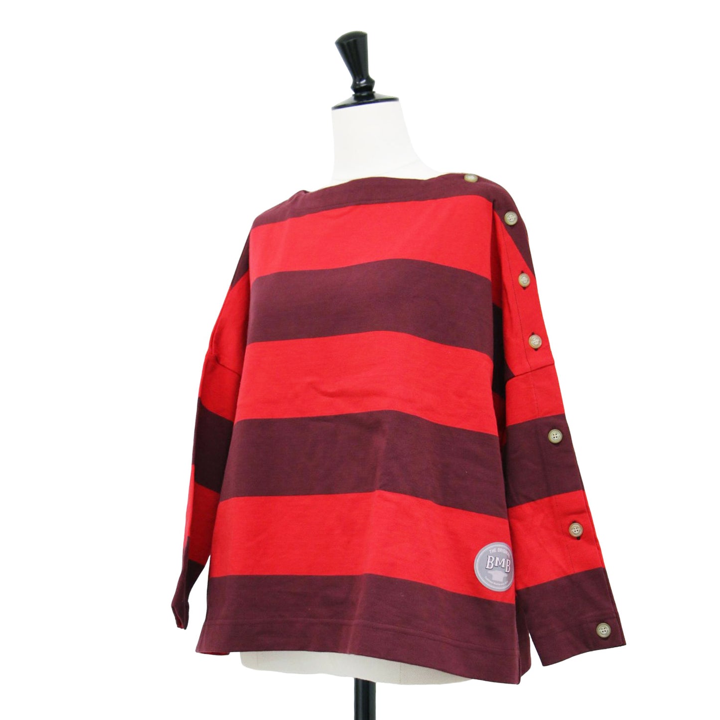 袖釦 ボーダー カットソー / Tシャツ 長袖 ボートネック ワイドシルエット コットン