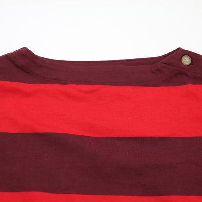 袖釦 ボーダー カットソー / Tシャツ 長袖 ボートネック ワイドシルエット コットン