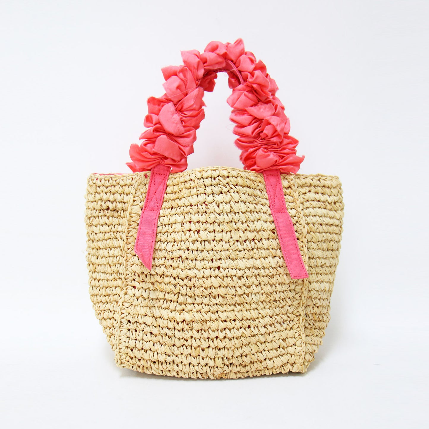 伊勢丹限定 グレープハンドル ラフィア トートバッグ / カゴバッグ ハンドバッグ フリル シルク