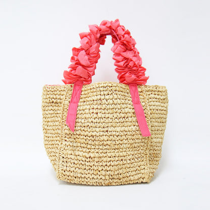 伊勢丹限定 グレープハンドル ラフィア トートバッグ / カゴバッグ ハンドバッグ フリル シルク