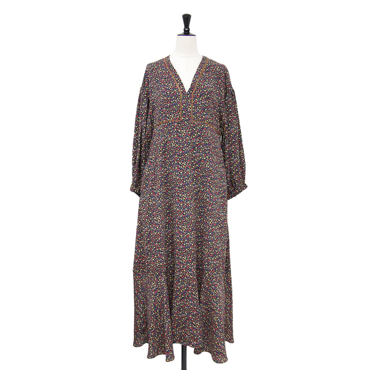 23秋冬 小花柄 プリント ドレス / ワンピース Vネック 長袖 マキシ丈