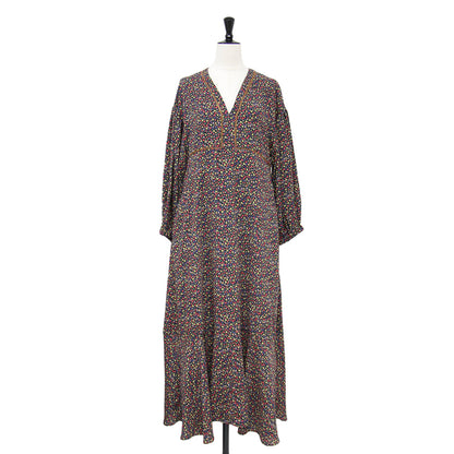 23秋冬 小花柄 プリント ドレス / ワンピース Vネック 長袖 マキシ丈