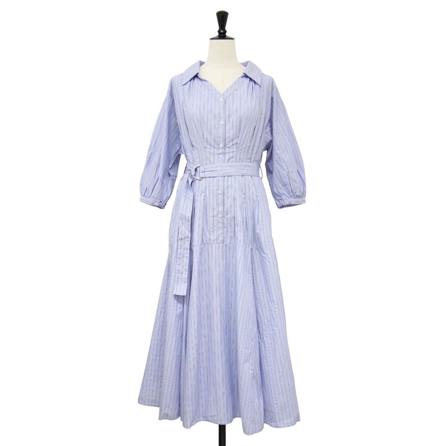 21春夏 ベルト付き シャツ ワンピース / 5分袖 ミモレ丈 パフスリーブ フレア ストライプ タック コットン