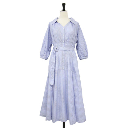 21春夏 ベルト付き シャツ ワンピース / 5分袖 ミモレ丈 パフスリーブ フレア ストライプ タック コットン