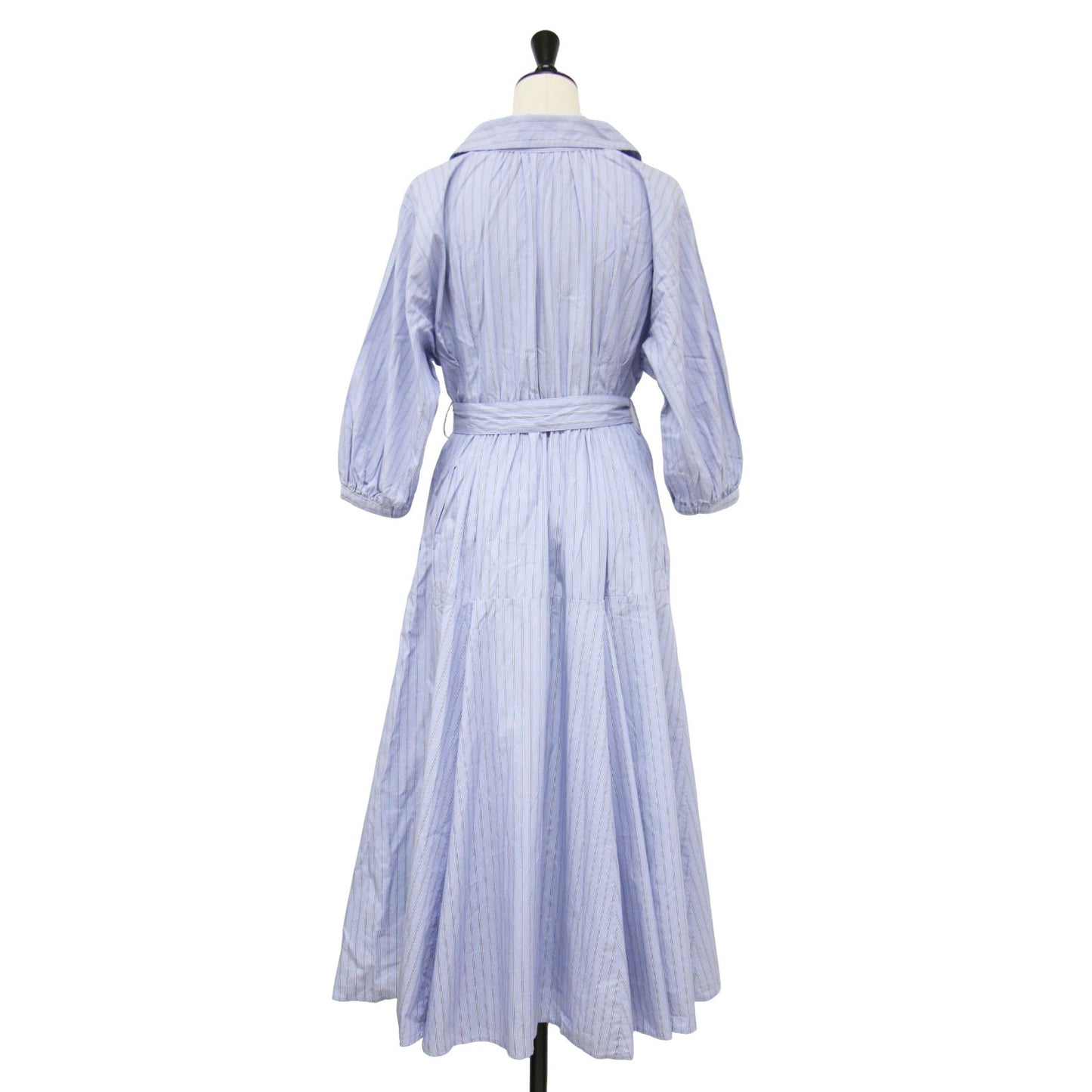 21春夏 ベルト付き シャツ ワンピース / 5分袖 ミモレ丈 パフスリーブ フレア ストライプ タック コットン