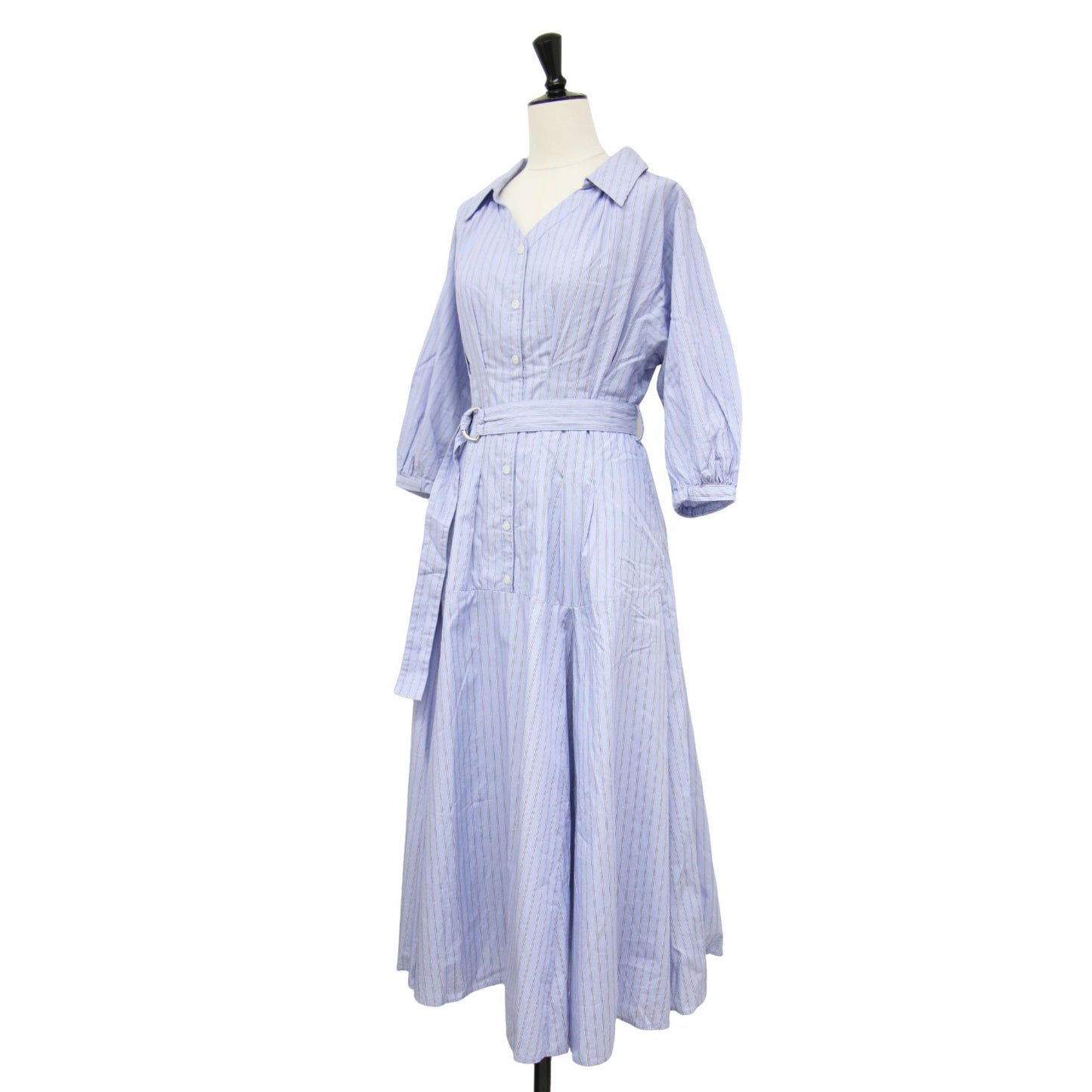 21春夏 ベルト付き シャツ ワンピース / 5分袖 ミモレ丈 パフスリーブ フレア ストライプ タック コットン