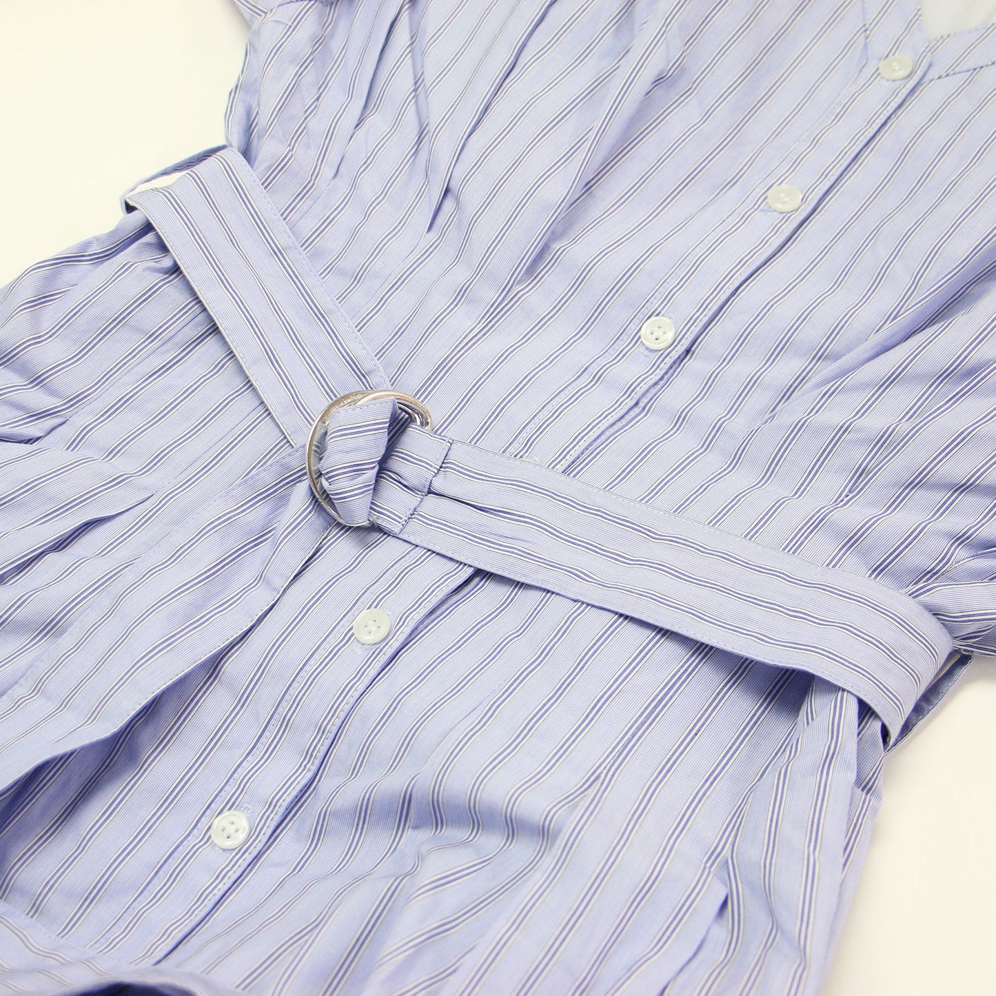 21春夏 ベルト付き シャツ ワンピース / 5分袖 ミモレ丈 パフスリーブ フレア ストライプ タック コットン