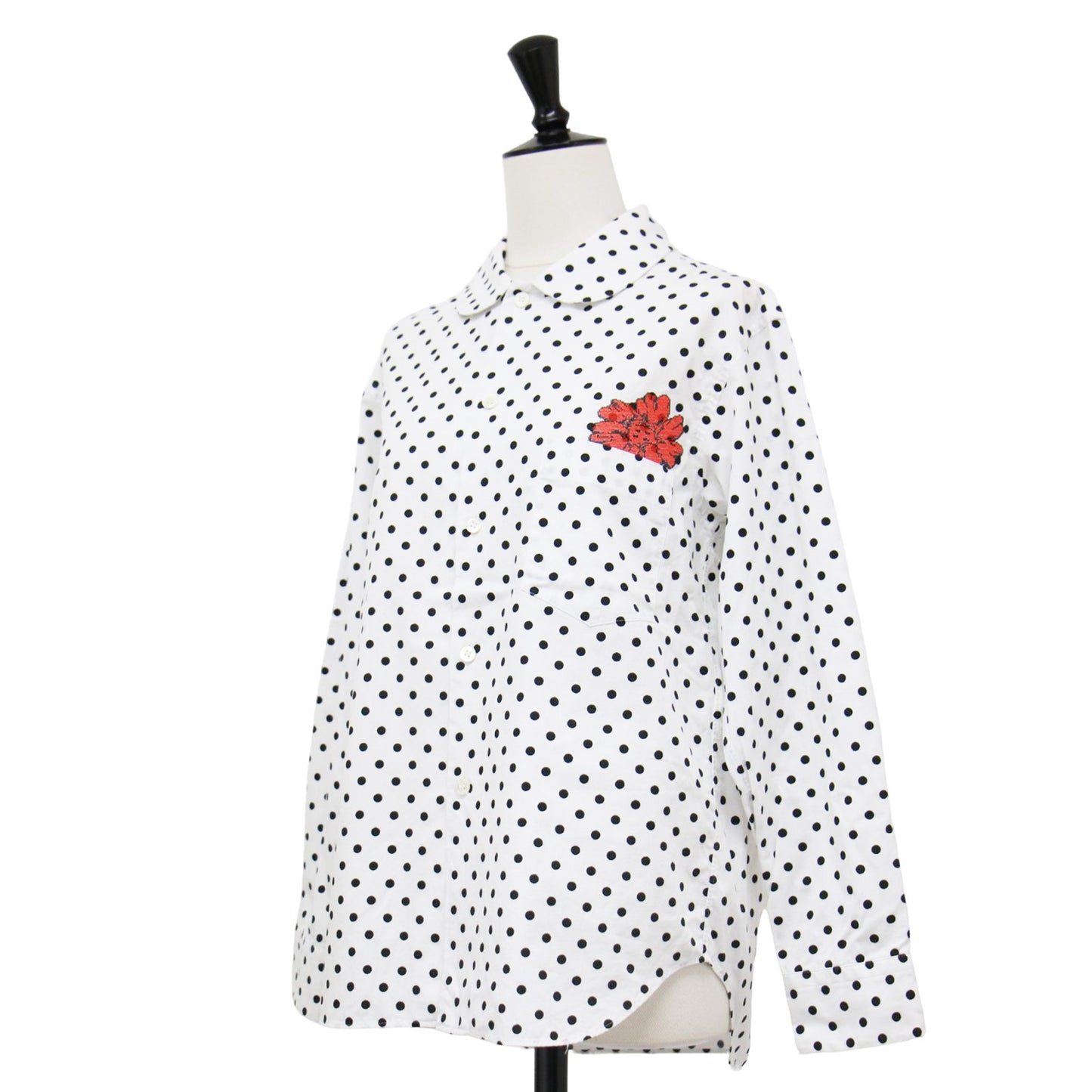 23春夏 フラワー刺繍 ポケット付き ドット 丸襟 シャツ / ブラウス 長袖 オーバーサイズ タック ラウンドヘム コットン