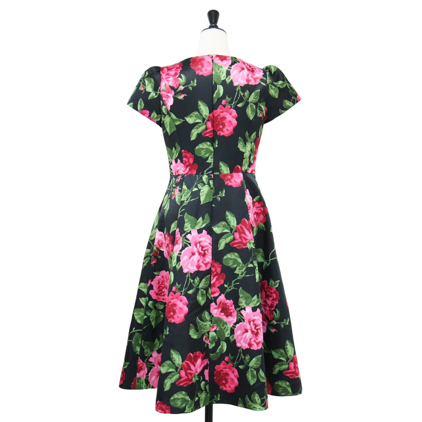 24春夏 ローズプリント タック フレアー ドレス / ワンピース 半袖 膝丈 フレア リボン 総柄