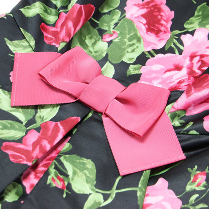 24春夏 ローズプリント タック フレアー ドレス / ワンピース 半袖 膝丈 フレア リボン 総柄