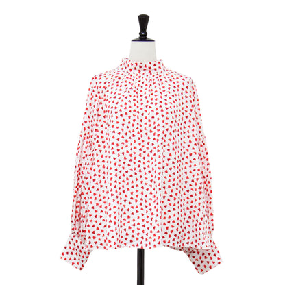 ボトルネック ハート柄 ブラウス / プルオーバー 長袖 タック ウォッシャブル