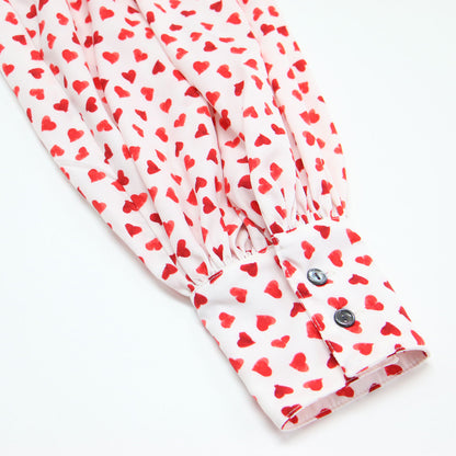 ボトルネック ハート柄 ブラウス / プルオーバー 長袖 タック ウォッシャブル