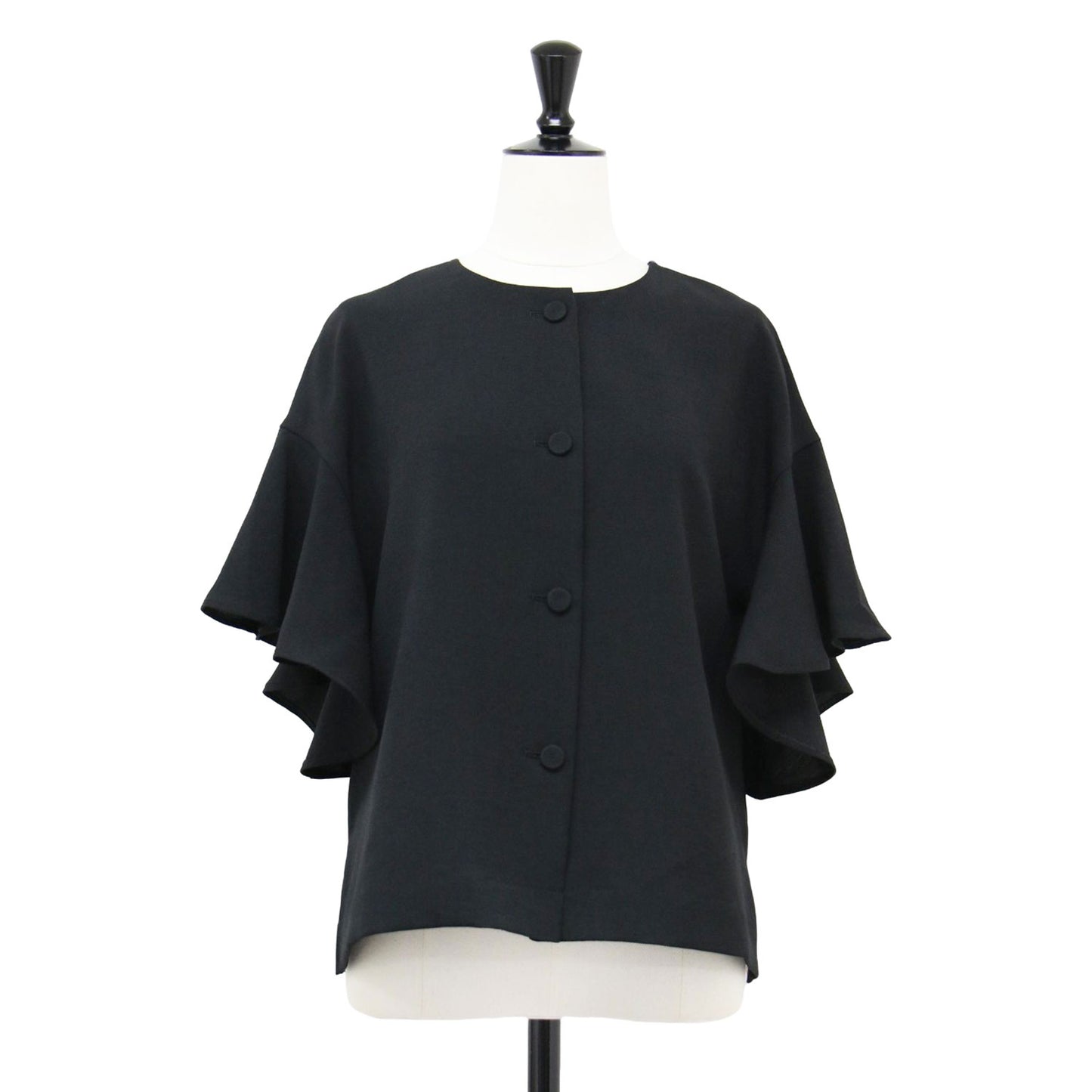 22春夏 麻調 2WAY フレア ブラウス / ジャケット クールネック 半袖 フリル