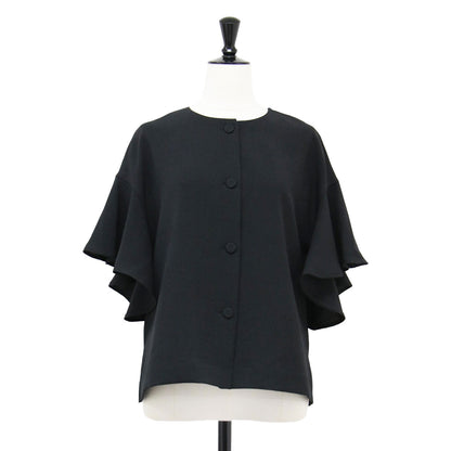 22春夏 麻調 2WAY フレア ブラウス / ジャケット クールネック 半袖 フリル