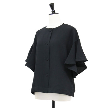 22春夏 麻調 2WAY フレア ブラウス / ジャケット クールネック 半袖 フリル