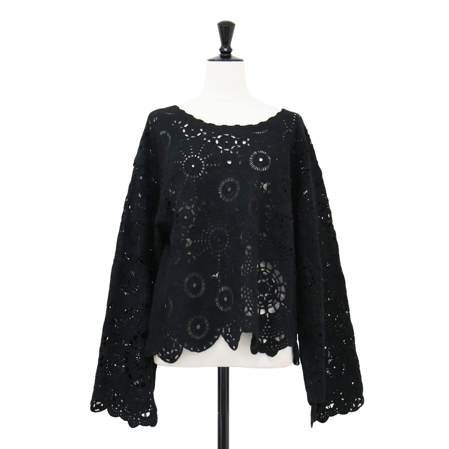 25春夏 エンブロイダリー クロシェ プルオーバー / ニット 長袖 ワイドスリーブ クロップド丈 レース柄