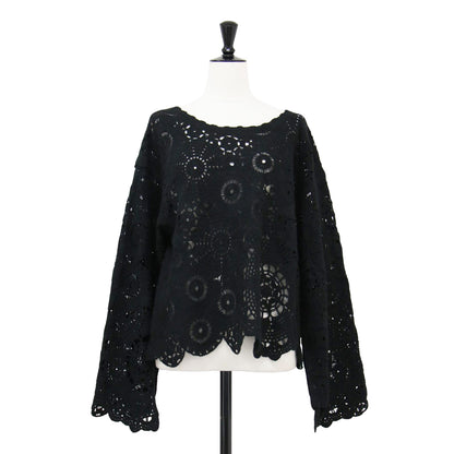 25春夏 エンブロイダリー クロシェ プルオーバー / ニット 長袖 ワイドスリーブ クロップド丈 レース柄