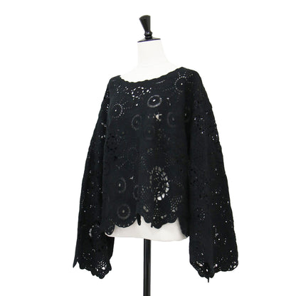 25春夏 エンブロイダリー クロシェ プルオーバー / ニット 長袖 ワイドスリーブ クロップド丈 レース柄