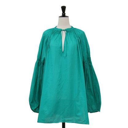 21春夏 コットン スキッパー チュニック / ブラウス 長袖 ボリュームスリーブ シャーリング スリット